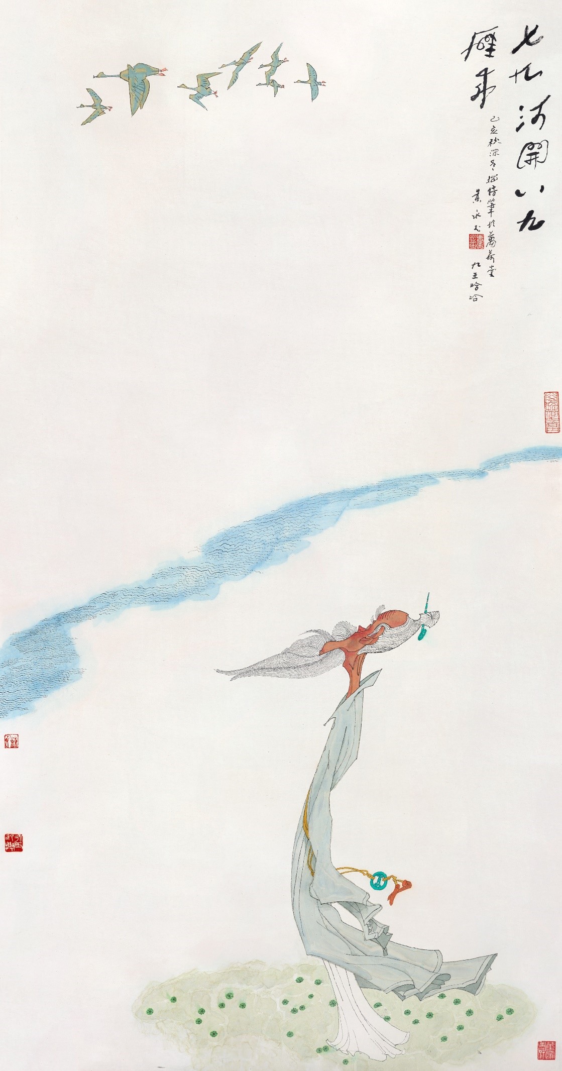 <h2>七九河开八九雁来</h2><p>作者：黄永玉</p><p>创作年代：2019年</p><p>规格：180cm×97 cm</p><p>品类：纸本设色</p>